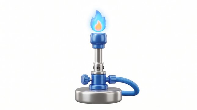3D render of a blue lab bunsen burner with ignited flame isolated on a clean white background