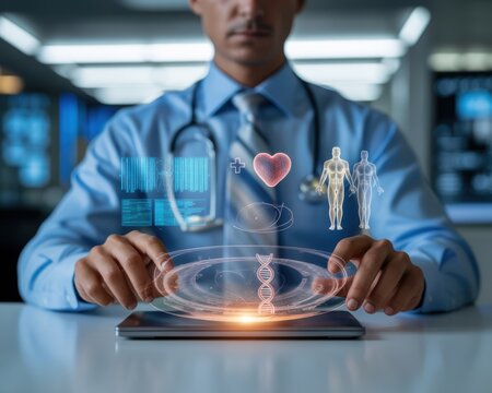 A dedicated doctor analyzing complex medical data on a futuristic holographic interface
