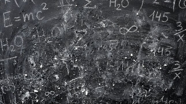 Vintage chalkboard with complex math formulas, messy blackboard background with physics equations, academic science and education texture