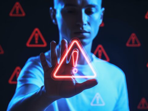 A man interacting with a glowing red digital hazard alert warning sign