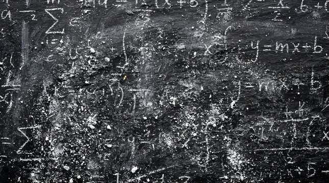 Complex mathematical formulas on chalkboard, vintage science equations on black board, academic physics and algebra background