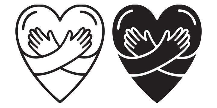 Self love heart hugging arms design, compassion symbol, care illustration, emotional wellness concept, kindness artwork, positive psychology theme, flat vector illustration