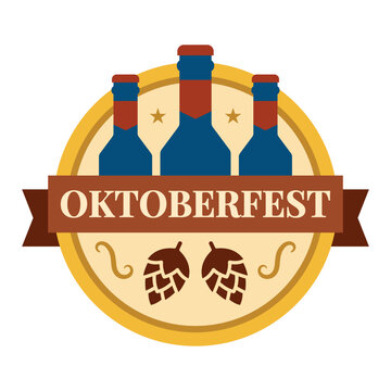 Oktoberfest beer festival emblem with three bottles and hop cones.