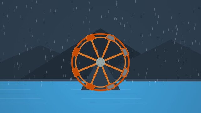 Flat Vector Ferris Wheel Rotating in Rain, 4K 60fps 16:9 Aspect Ratio Canvas Night Animation