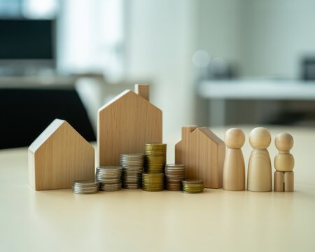 Wooden House Models With Stacks Of Coins And Family Figurines On Desk