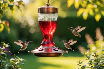Obraz premium Three colorful hummingbirds fly near copper bird feeder with red nectar in backyard garden. Tiny avian creatures hover around nectar station among green leaves, summer sunlight. Small wild birds