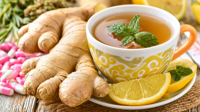 Fresh ginger root and cup of herbal tea with lemon and mint leaves