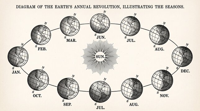 Vintage engraving style diagram of the Earth's annual revolution around the Sun showing the orbit path and months of the year for astronomical education