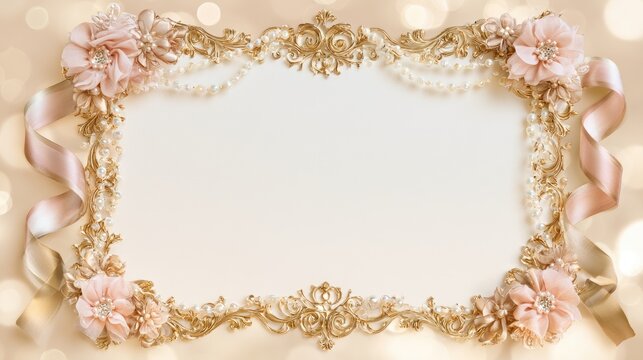 Ornate golden frame adorned with delicate pink flowers, pearls, and ribbons