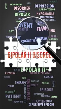 Bipolar Ii Disorder under magnifying glass, being researched, studied and examined. Most important subjects and ideas closely related to bipolar ii disorder written around a puzzle.