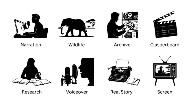 Documentary Production Icons: Narration, Wildlife, Archive, Clapperboard, Research, Voiceover, Real Story, Screen