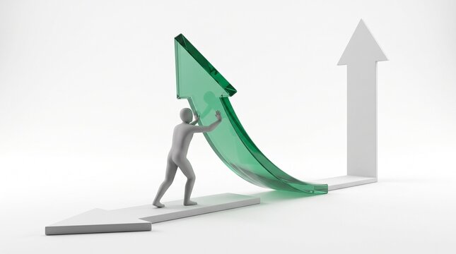 A translucent humanoid figure pushing and directing green and white arrows to represent business strategy, growth, and optimization in a clean, minimalist 3D studio environment.