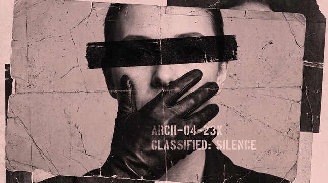 A distressed, monochromatic image depicting a person with a black bar over their eyes and a gloved hand covering their mouth, with text "CLASSIFIED: SILENCE".