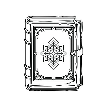 Halloween, Vintage magic book vector illustration, antique leather grimoire with ornate geometric cover, mystical spellbook line art isolated on White Background