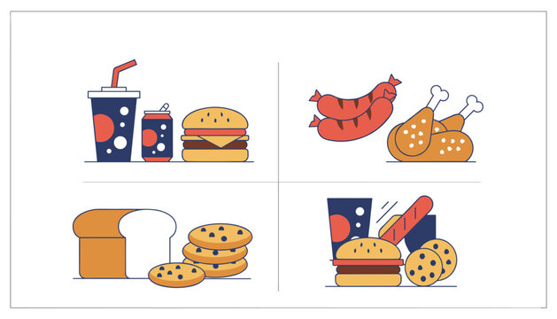 Four quadrants illustration showing different food categories including fast food, meats, bakery, and snack combos.