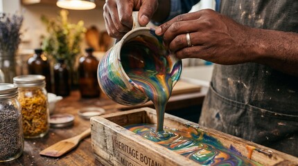 Obraz premium Artisan pouring colorful liquid into wooden mold for crafting soap.