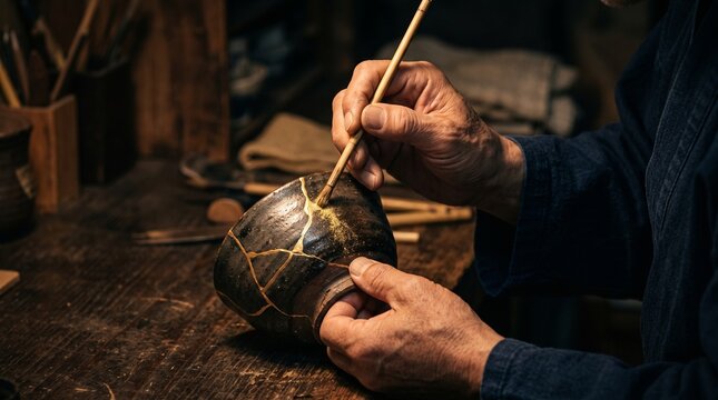 Artisan carefully repairs a ceramic pot with gold lacquer technique.