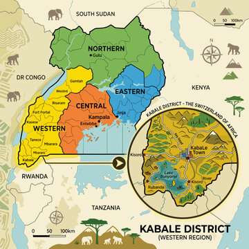 Uganda Map with Regions and Kabale District Inset Country Travel Guide