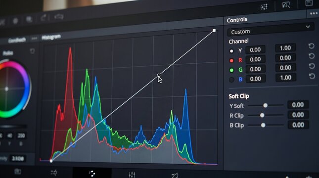 Video editing software interface displaying a color grading histogram and tone curve adjustment tool on a computer monitor in a digital workspace