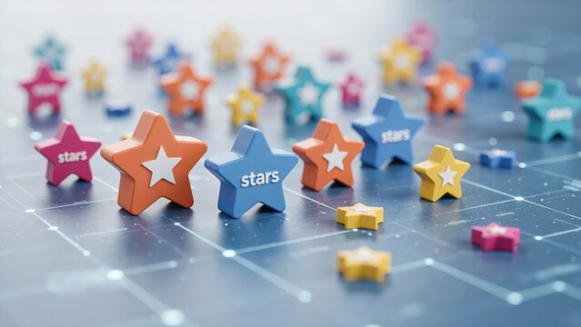 3D render of colorful five-pointed stars on a digital grid surface