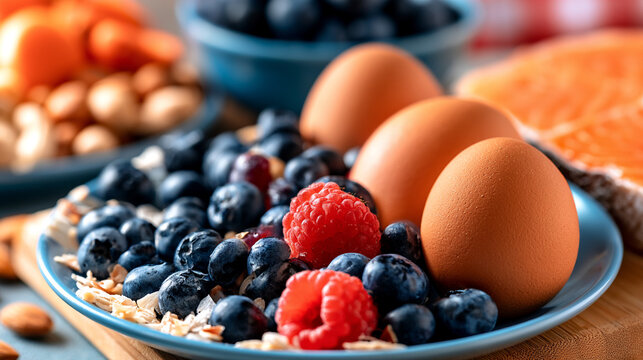 Healthy breakfast plate with fresh blueberries raspberries oats boiled eggs