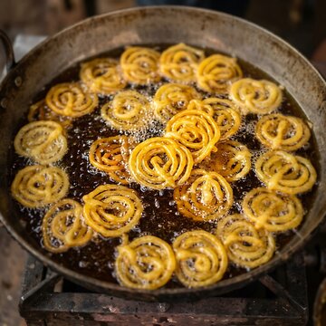 Traditional indian sweet jalebi deep frying in a large iron pan on a street food stall