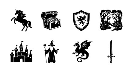 Fototapeta premium Fantasy Icons Set: Unicorn, Treasure Chest, Shield, Forest, Castle, Wizard, Dragon, Sword. Mythical Creature & Magic Symbols Vector Collection for Game Design & Storytelling.