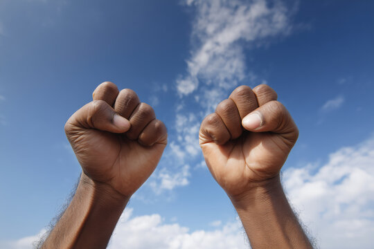 people of ai, pov, first-person view of two raised fists against dramatic sky, blue sky with thin wispy clouds, photorealistic