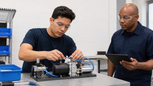 Candidate assembles a small pneumatic pump test rig while an assessor observes the safe sequence and finished connection