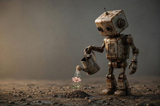 Rusty robot waters a small pink flower. Space for text.