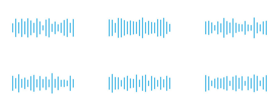 Soundwave line icons collection in flat minimalist style. Digital bule line audio wave used in apps to show active voice notes, microphone status and speech recognitions.