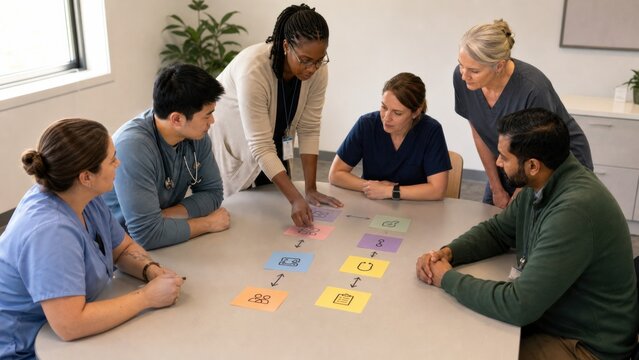Mixed clinic team practices a rapid non-emergency handoff around a blank tabletop patient pathway made from colored object cards