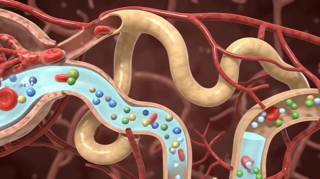 Detailed human kidney cross-section 3D model revealing internal renal anatomy and blood flow