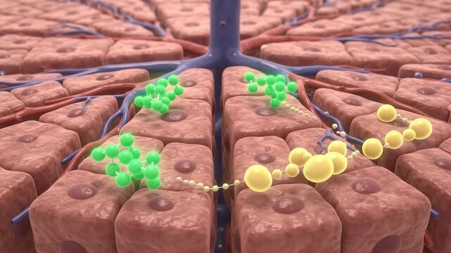 Detailed 3D anatomical liver and stomach illustration with visible vascular network and intestines