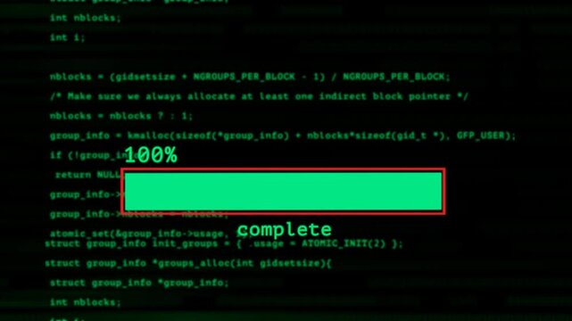 100% Complete Progress Bar Displayed hacker computer code typing on black screen