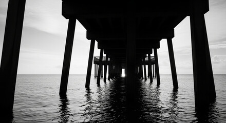 Fototapeta premium Monochrome perspective underneath a massive timber pier showing rhythmic structural columns extending through dark ocean waves toward the distant horizon under an expansive cloudy sky