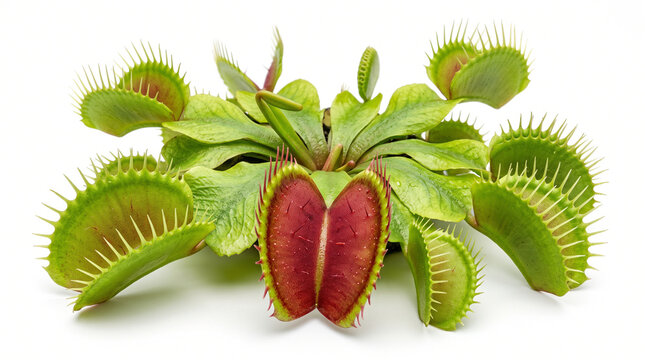Ultra-realistic Venus flytrap plant with several open carnivorous traps, green leaves with reddish inner surfaces, fine trigger hairs and detailed botanical textures, centered isolated specimen