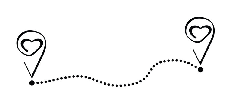 Love, heart route line pattern with pin, pointers icon. Navigation or navigator, road, direction arrow. Pins, points mark. Pointer or point trekking route. We have moved or we've moved.
