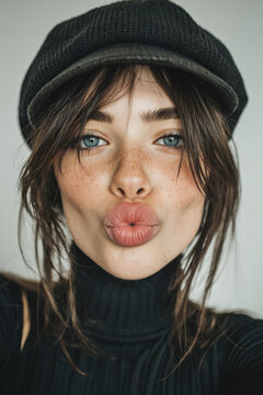 people of ai, selfie young woman making kissy face, portrait, black beanie above loose strands of hair, photorealistic