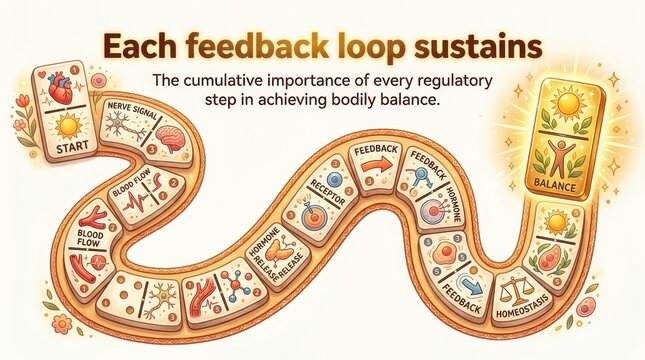 Biological feedback loop diagram illustrating homeostasis and bodily balance with regulatory steps and scientific icons, educational concept