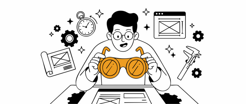 UI UX Designer Web Developer testing prototype with glasses wireframe icons line art illustration workflow development concept for creative website project optimization and design thinking process vec