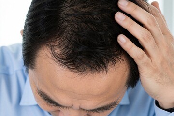 Fototapeta premium Mature Asian man touches receding hairline on scalp. Middle aged businessman feels hair loss problem. Close up of balding head with thin black hair. Man worries about alopecia, scalp health in office