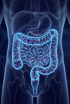 Human Large Intestine and Gut Microbiome Scientific Illustration