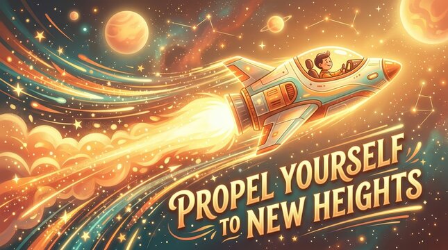 A stylized illustration of a child piloting a retro rocket through a vibrant, star-filled cosmos with the motivational phrase 'Propel Yourself to New