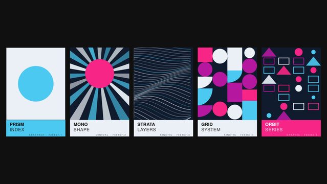 Prism index, mono shape, strata layers, grid system, orbit series, a collection of five abstract geometric posters with bold color schemes