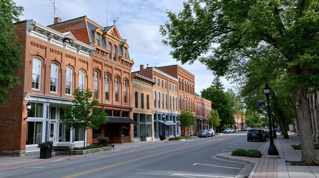 Charming brick storefronts line a tree-lined street in a quaint American small town during daytime