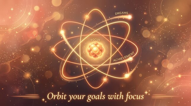 Atom model illustrating focus, dreams, and achievement with orbiting electrons and glowing bokeh lights in a cosmic background