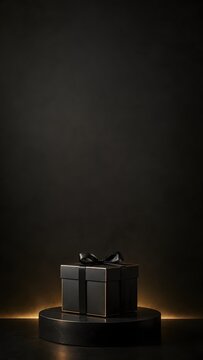 Elegant black gift box on podium, luxury surprise package with ribbon on dark background, minimalist product display for black friday or premium branding