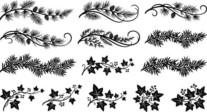 Set of decorative black silhouette pine branches, pinecones, and ivy leaves for winter holiday borders and floral dividers