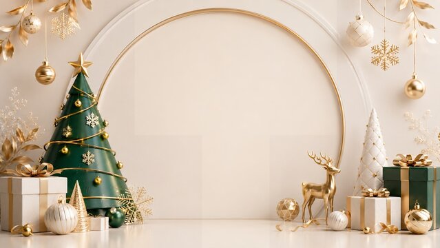 Elegant Christmas Background with Green Tree and Golden Decor